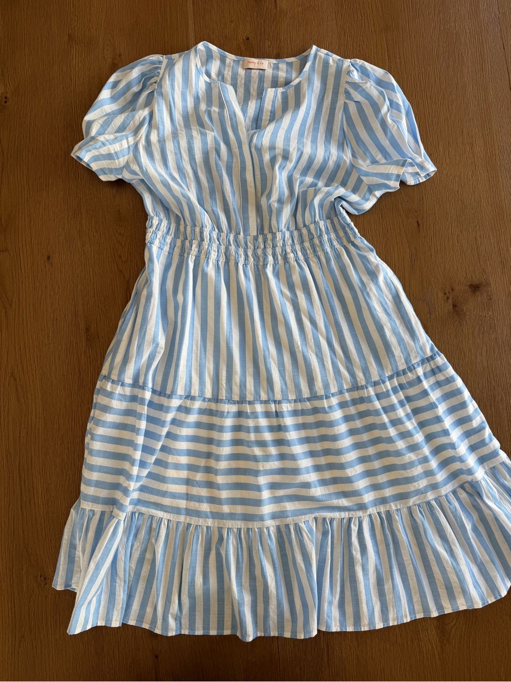 Light Blue & White Striped Midi Dress with Smocked Waist